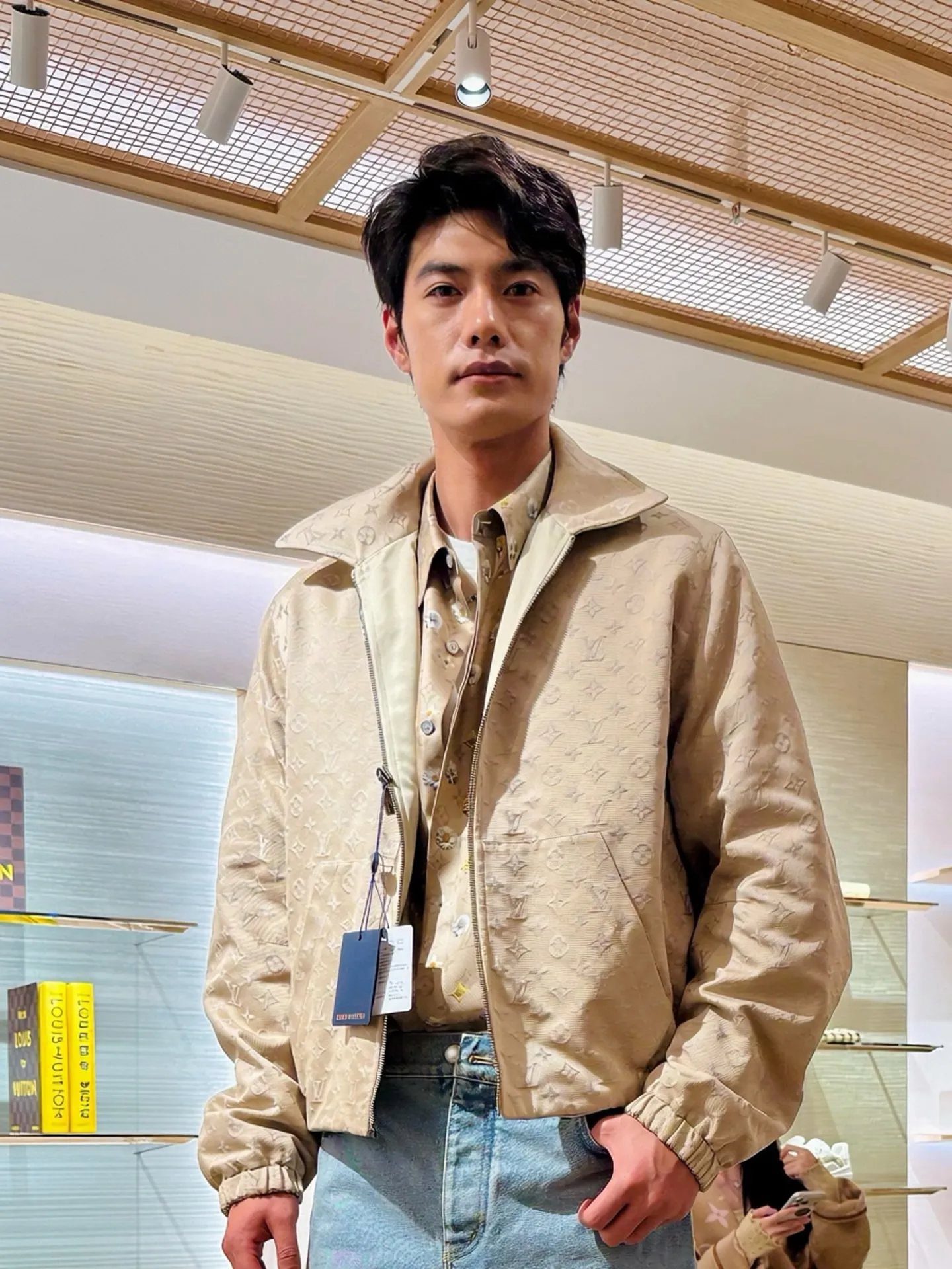 Louis Vuitton/Louis Vuitton checkerboard leather collar double-sided belted jacket